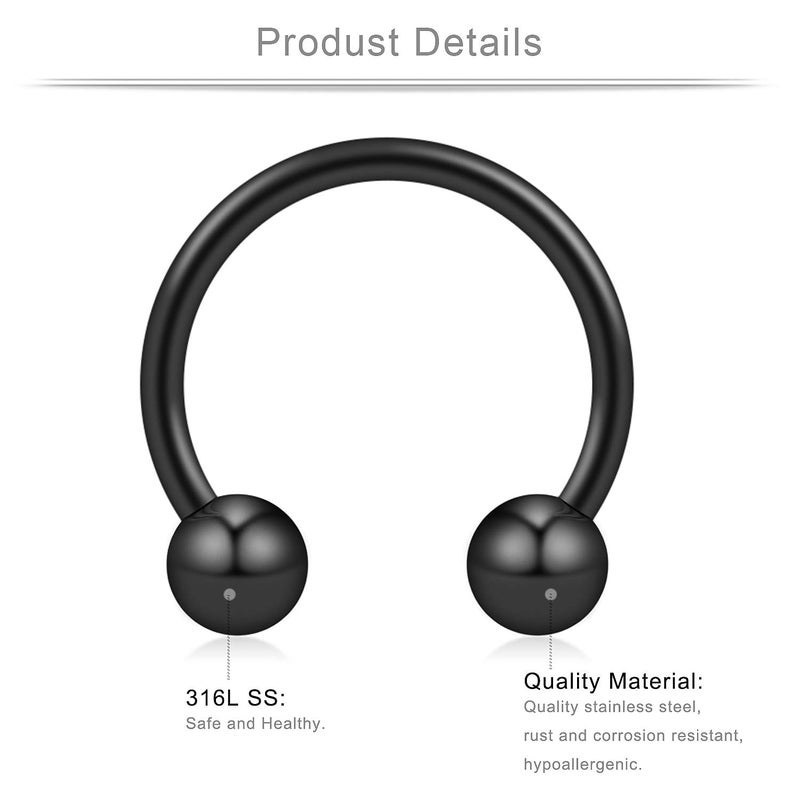 Ruifan 12PRS(24PCS) 16G Surgical Steel Horseshoe & Captive Bead Nose Hoop Septum Earring Eyebrow Tongue Lip Nipple Helix Tragus Piercing Jewelry Rings 6-16mm Black - Image 2
